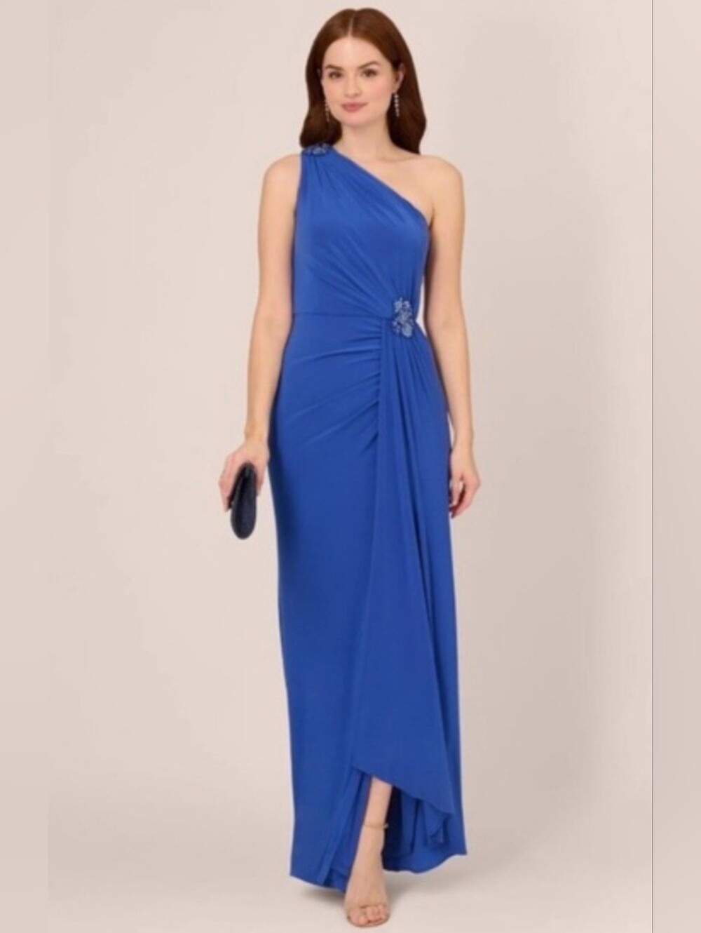 Adrianna Papell One-Shoulder Brillant Sapphire Gown Size 14 Sparkly Accents - Picture 13 of 13
